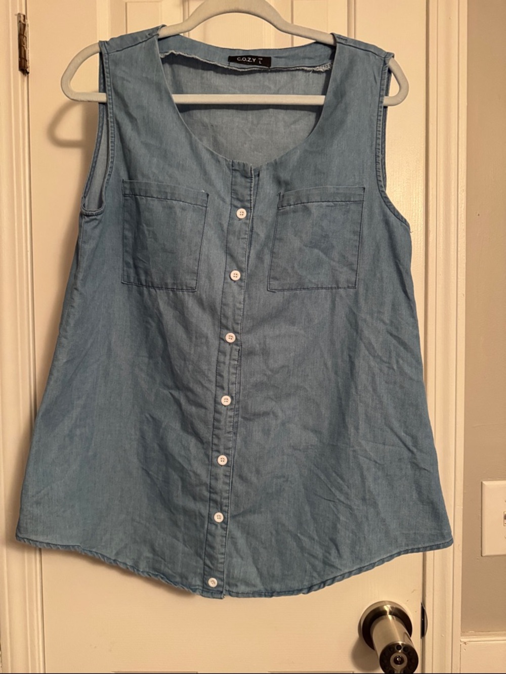 Light Blue Denim Button-Front Sleeveless Shirt